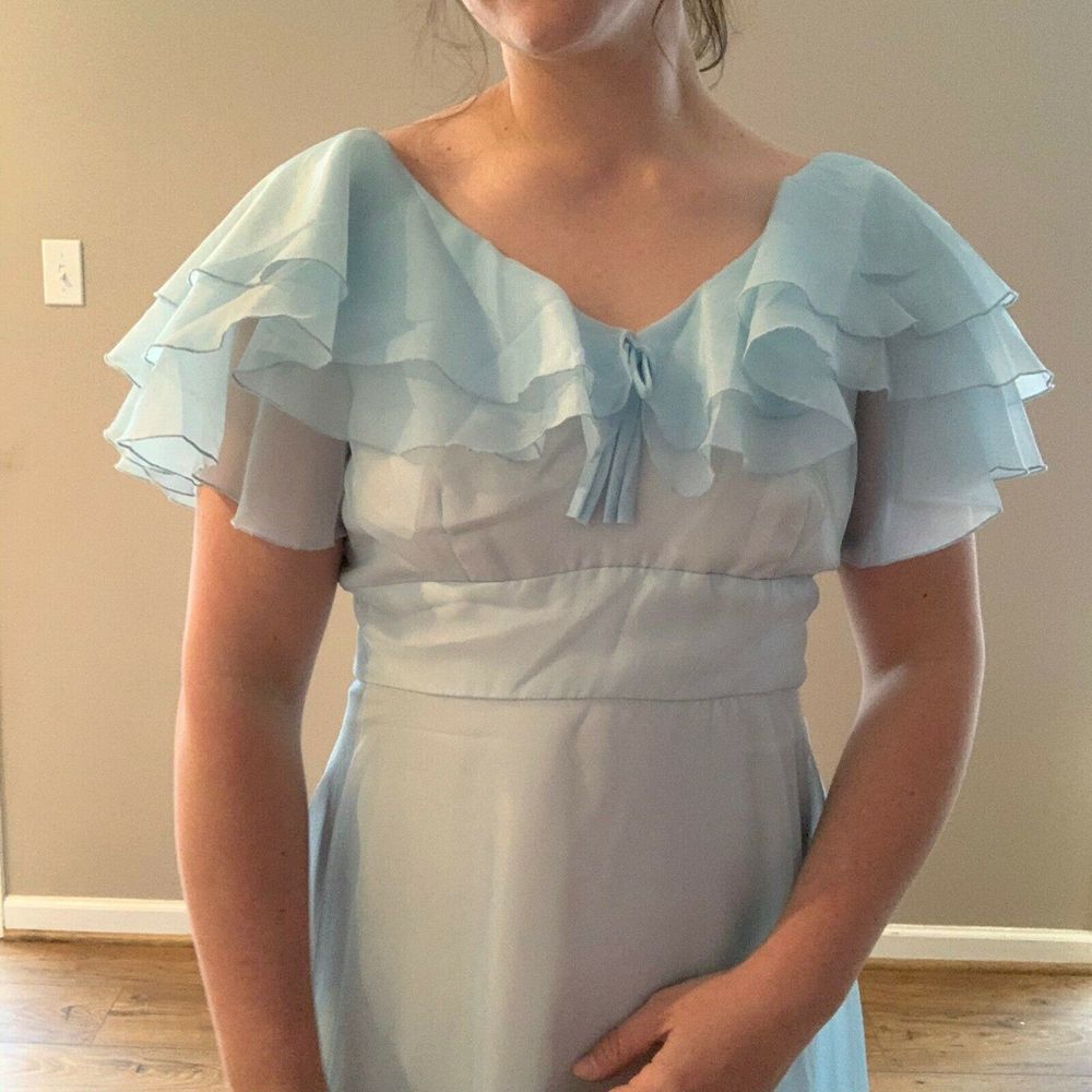 Vintage 1970s Prom Dress Formal Gown Blue Chiffon - Picture 4 of 8